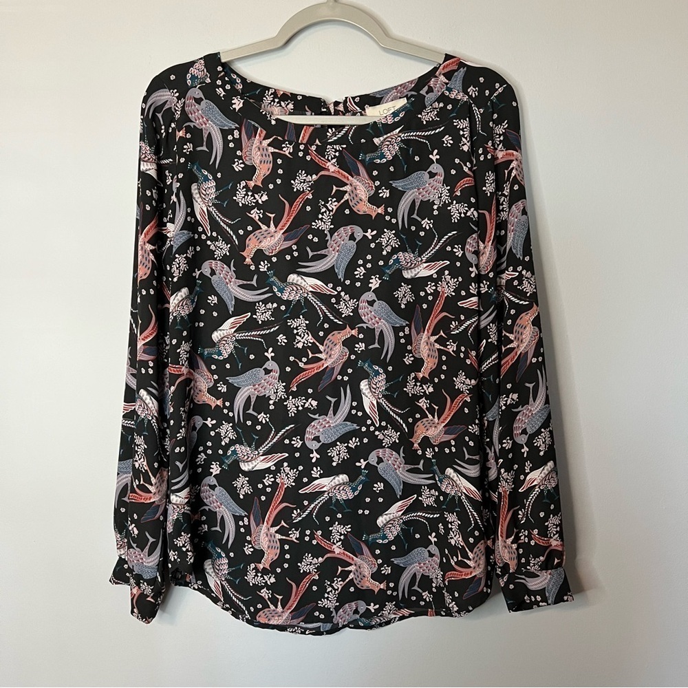 Women’s LOFT black bird printed long sleeve blouse size small S